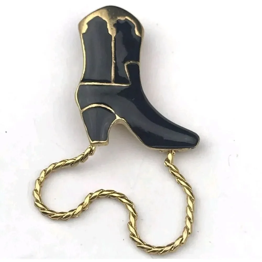 Cowboy Boot Southwestern Pin Brooch Vintage Gold Tone Black Enamel Metal Rope